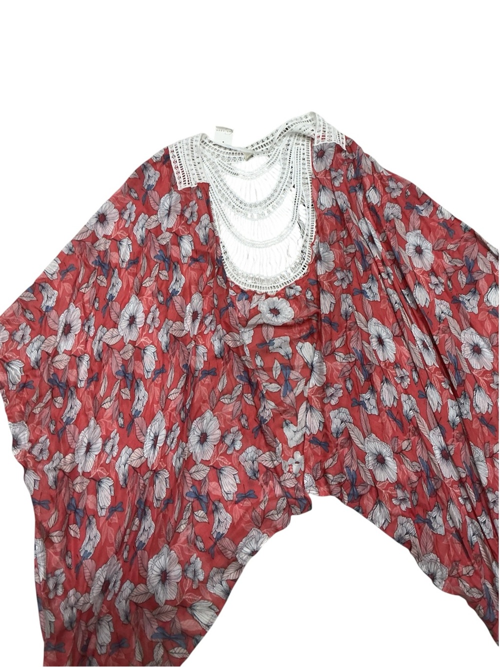 Cato Red Floral Kimono Cover Up One Size Crochet Back Boho Asymmetrical - Picture 7 of 9
